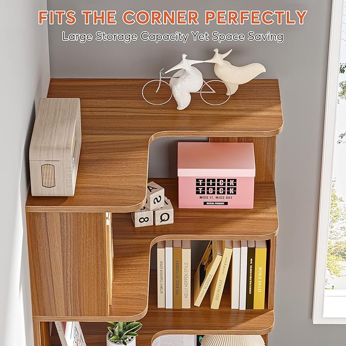 LITTLE TREE 6-Shelf Corner Bookshelf, 65” Tall L Shaped Bookcase, 6-Tier Industrial Corner Shelf Storage Display Rack for Living Room Home Office, Wood Grain Walnut