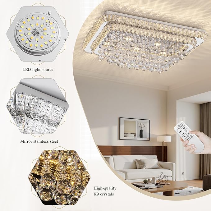 COCOSTAR 32 inch Crystal Flush Mount Chandelier Remote/APP, Modern Raindrop LED Ceiling Light, 3CCT Dimmable & Brightness Adjustable,Elegant Chandeliers for Bedroom Hallway Dinning Room Living Room