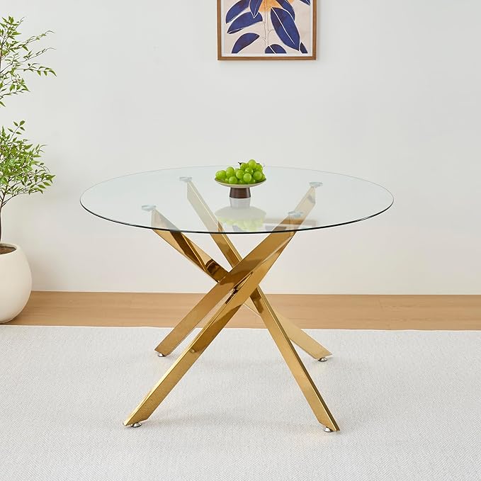47.24" Round Glass Dining Table Modern Kitchen Glass Top Table for 6 with Gold Chrome Metal Legs, Clear Dining Table Kitchen Table for Home Office Dining Room