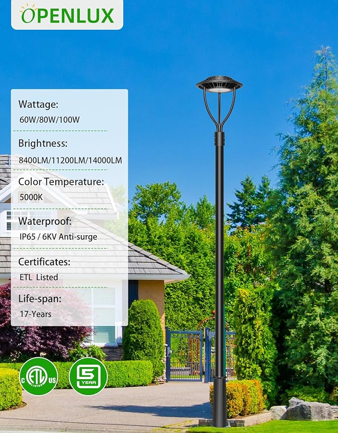 2 Pack LED Post Top Light ETL Listed 100W 80W 60W Adjustable Outdoor Pole Lights with Photocell IP65 Waterproof Post LED Fixture 5000K for Garden Yard Street Lighting