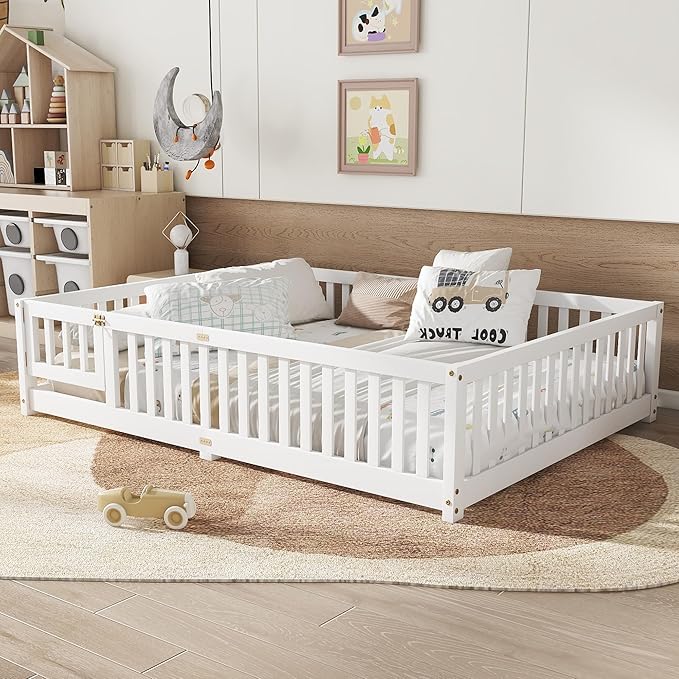 Queen Size Floor Bed Frame with Slats and Safety Guardrail, Wood Queen Size Montessori Floor Bed with Door and Fence, Easy Assemble Montessori Beds for Kids, Girls, Boys, White