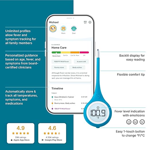 Kinsa QuickCare Smart Digital Thermometer for Adults, Kids and Babies, Oral, Rectal & Underarm Thermometer, App-Connected Fever and Symptom Tracking, Fast Accurate Readings
