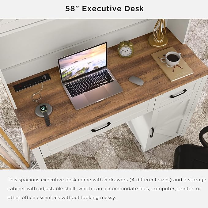 Farmhouse 47" Executive Desk, Computer Desk with 2 Drawers and Storage Cabinet, Home Office Desk with Hutch, Charging Hub, Workspace for Work and Study, Antique White