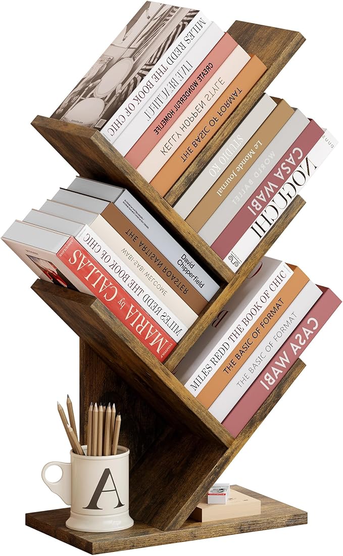 Hoctieon 4 Tier Tree Bookshelf, 4 Shelf Bookcase, Modern Book Storage, Free Standing Tree Bookcase, Utility Organizer Shelves for Home Office, Living Room, Bedroom, Rustic Brown