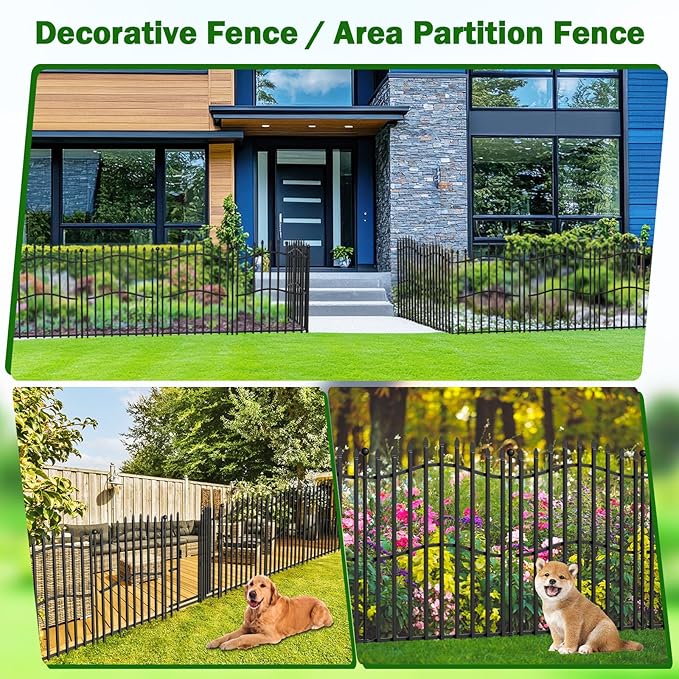10 Panels No Dig Decorative Garden Fence with Gate - 32in H x 22.5ft L, Reinforced Square Tube Rustproof Tall Animal Barrier for Dogs & Rabbits, Outdoor Yard Border Fencing