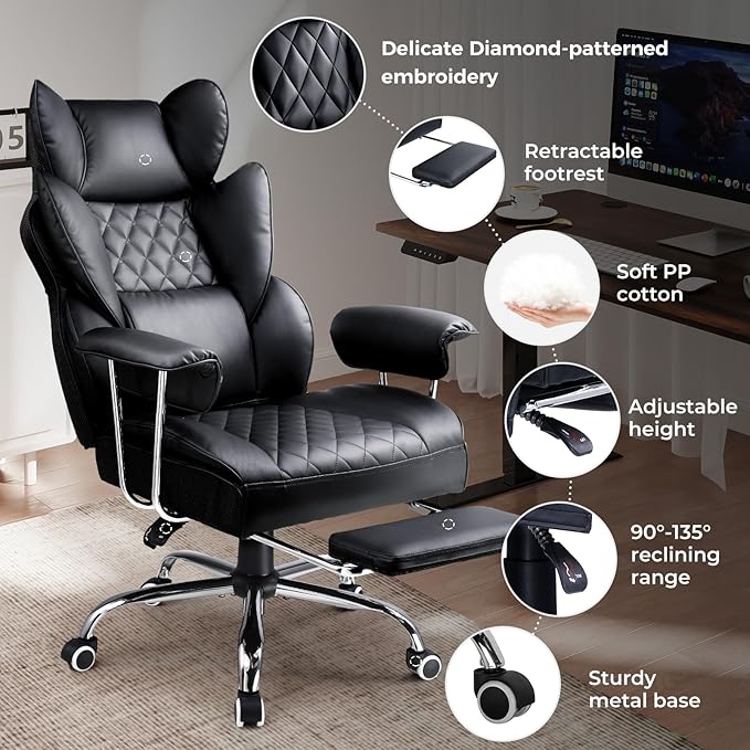 COMHOMA Big and Tall Office Chair, High Back Leather Gaming Chair with Footrest, Executive Ergonomic Office Chair with Pocket Spring Lumbar Support and with Outward Fixed Soft Armrests
