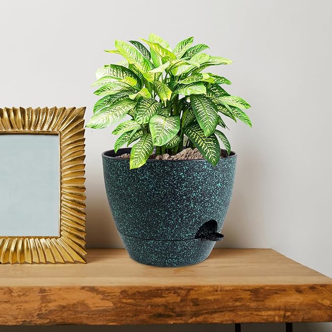 10 inch Self Watering Pots, Planter, Plant Pots with Mesh Drainage Holes for Indoor Outdoor House Plants and Garden, 2 Pack Plastic Flower Pots with Reservoir, Black with Green Speckles