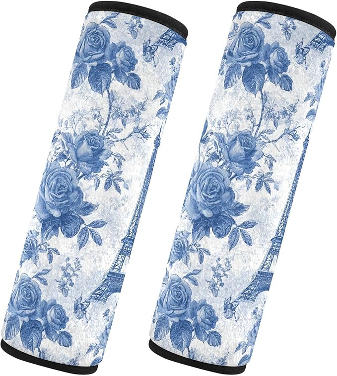 2 Pack Seatbelt Covers Seat Belt Cover Pad for Adults Boys Girls Car Seat Strap Covers Pads Cushion Universal Shoulder Strap Pad Protector for Backpack Camera Bag 6.5 Inch Blue Roses and Eiffel Tower