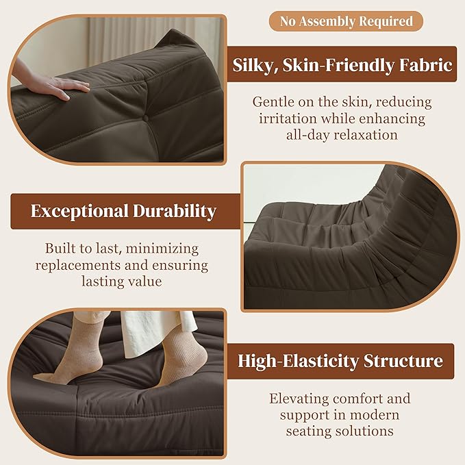 Bean Bag Chair, Loveseat Fireside Chair Bean Bag Sofa for Adults, 2 Seater Bean Bag Chairs for Teens with High-Resilience Foam, Memory Foam Bean Bag for Living Room, Bedroom, Office (Suede, Coffee)