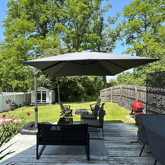 PURPLE LEAF 8 Feet Square Cantilever Umbrella Patio Umbrella with Base Outdoor Umbrella Aluminum Offset with 360-degree Rotation for Garden Deck Pool Patio Light Grey