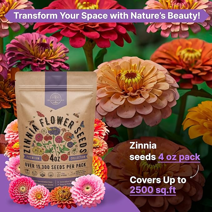 Zinnia Seeds Pack 4 oz - Over 15,300 Non-GMO Heirloom Zinnia Seeds for Planting, Annual Flowers in Individual Seed Packet for Planting Home Garden Indoor & Outdoor Gardening