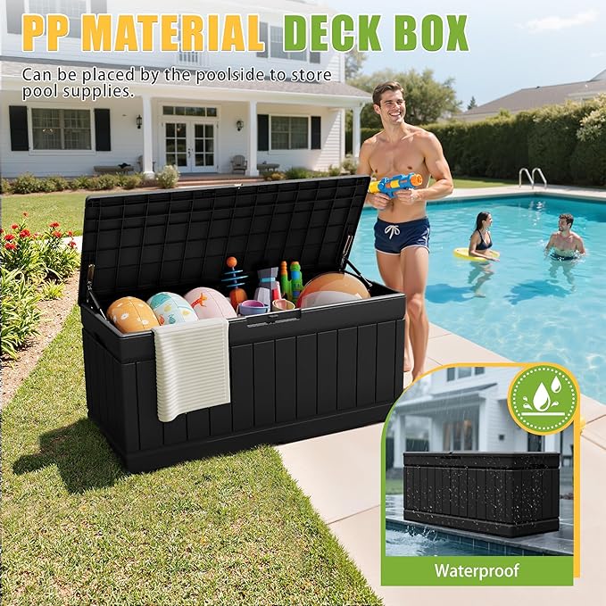 Greesum Outdoor Storage Box 82 Gallon Storage Bin with Lid for Patio Furniture, Garden Tools, Pool Supplies, Waterproof and UV Resistant, Lockable, Black