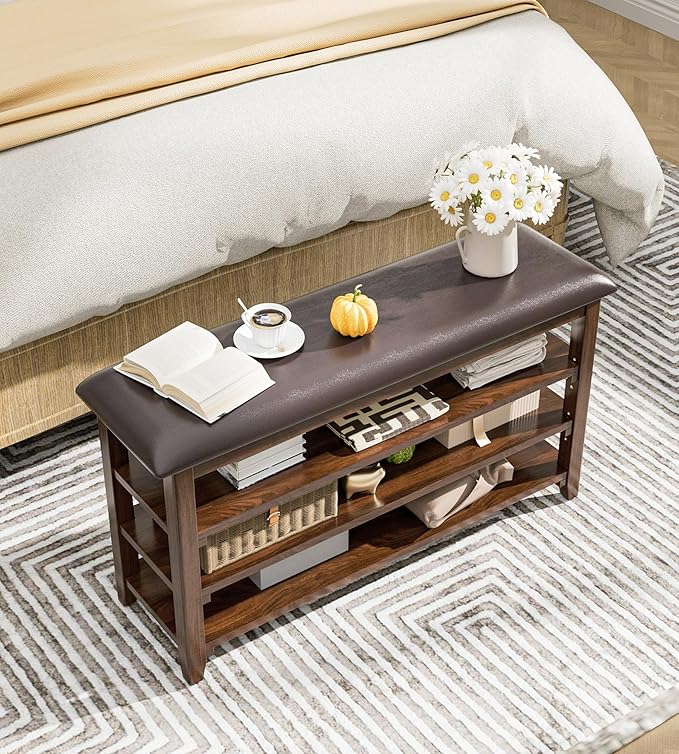 Shoe Bench Storage Rubberwood with Leather Cushion, Entryway Bench with 3-Tiers Height Adjustable, Shoe Rack Front Doors Entrances for Hallway Living Room,Mudrooms (Brown,39.4")