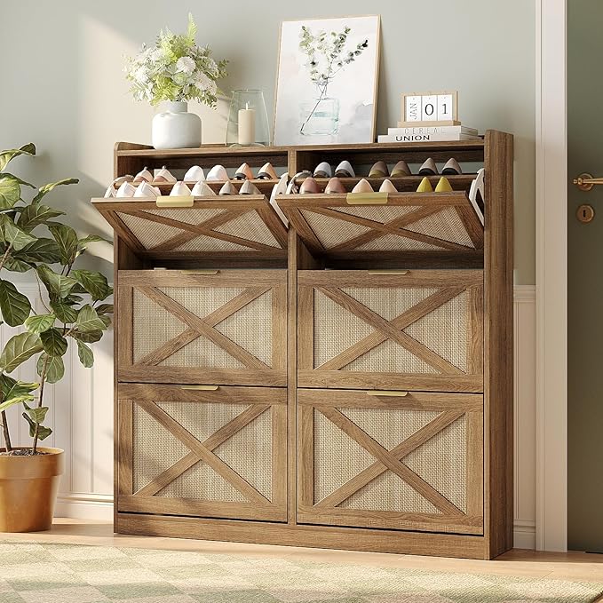 Maupvit Large Shoe Storage Cabinet with 6 Rattan Flip Drawers, Freestanding Organizer with Metal Legs for Entryway, Narrow Shoe Rack Cabinet, Hidden Golden Handles, Rustic Oak Rattan