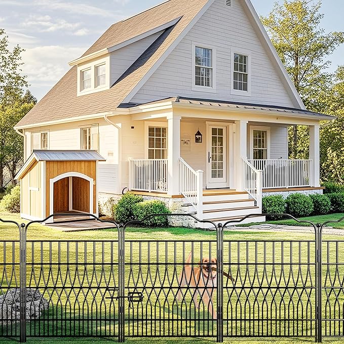 Bepatio 5 Panels Tall Garden Fence with Latch, 43.3in (H) x 14.8ft (L) Dog Fence Outdoor for Yard, Arc Metal Fencing Panels, Animal Barrier Fencing for Outdoor, Patio, Flower Bed