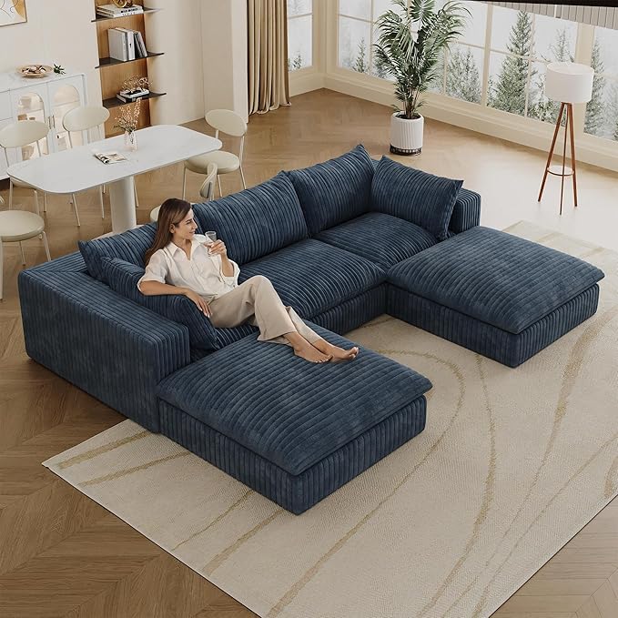 Down Filled Boneless Sectional Sofa Cloud Couch with Movable Ottomans, 118 inch Convertible U Shaped Lounge Couch w/Deep Seat, Fluffy Corduroy Upholstered Compress Modular Sofa