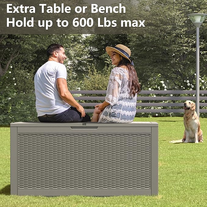Outdoor Storage Box, Resin Deck Boxes Indoor and outdoor, Waterproof Storage Box Lockable Lid (Grey, 100 Gallon)