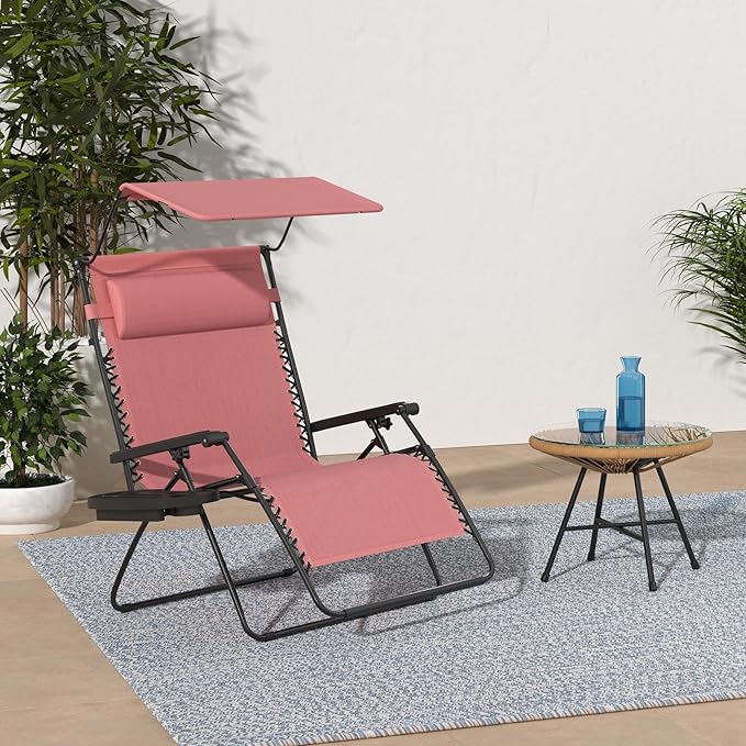 Best Choice Products Folding Zero Gravity Outdoor Recliner Patio Lounge Chair w/Adjustable Canopy Shade, Headrest, Side Accessory Tray, Textilene Mesh - Pink