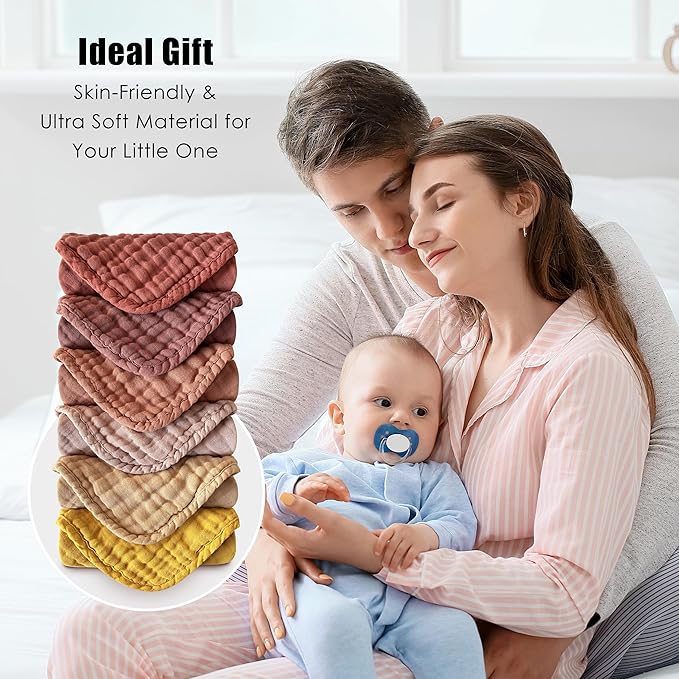 MOON PARK Baby Washcloths, 12 Pack - 12x12 Inches, Small Burp Cloths and Baby Wipes - 100% Cotton Muslin Ultra Soft for Newborn, Infant and Toddlers - Brown, Honey and Bean Paste Series