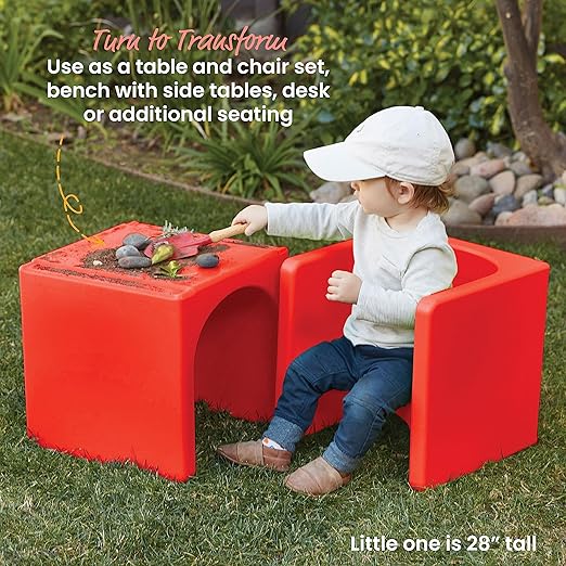 ECR4Kids Tri-Me Table and Cube Chair Set, Multipurpose Furniture, Red, 3-Piece