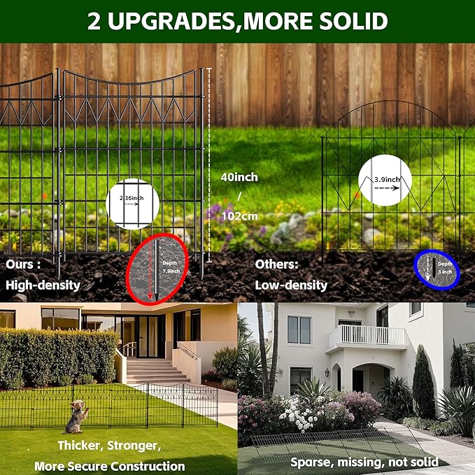 6 Panels No Dig Decorative Metal Fence for Yard, 40in(H)×13.5ft(L) Reusable Tall Garden Fence | Rustproof Animal Barrier with Extra-Long Ground Stakes | Temporary Durable Border Fence for Dog, Black