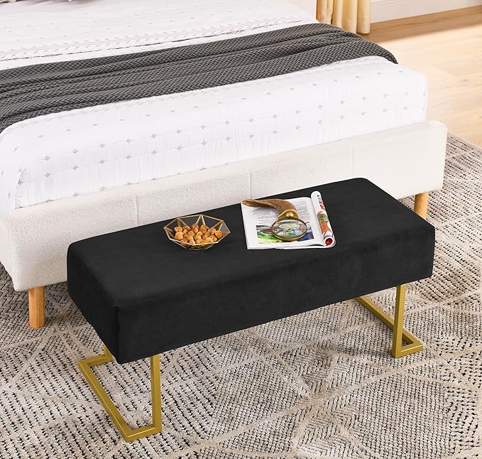 Modern Style Bedroom Double Seat Bench, Cushioned Bed end Stool, Living Room Sofa Stool, Footstool with Golden Iron Legs, Suitable for Bedroom and Living Room (Black, 39.37"x15.74"X16.53")