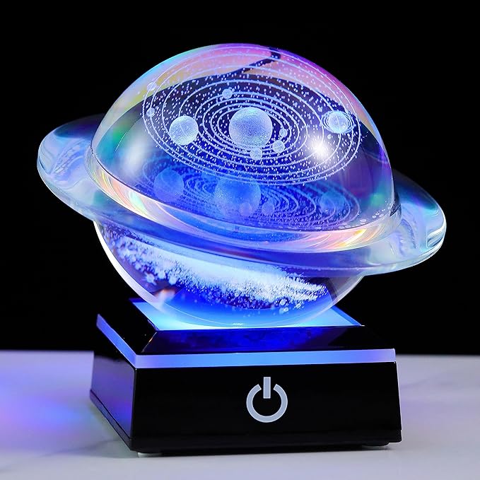 3d Solar System Model Galaxy Crystal Ball 80mm 3.15inch - Saturn Shape Outer Space Astronomy Gifts Room Decor Unique Gifts For Men Him Birthday Dad Physics Science Teacher Night Light Planet Lamp