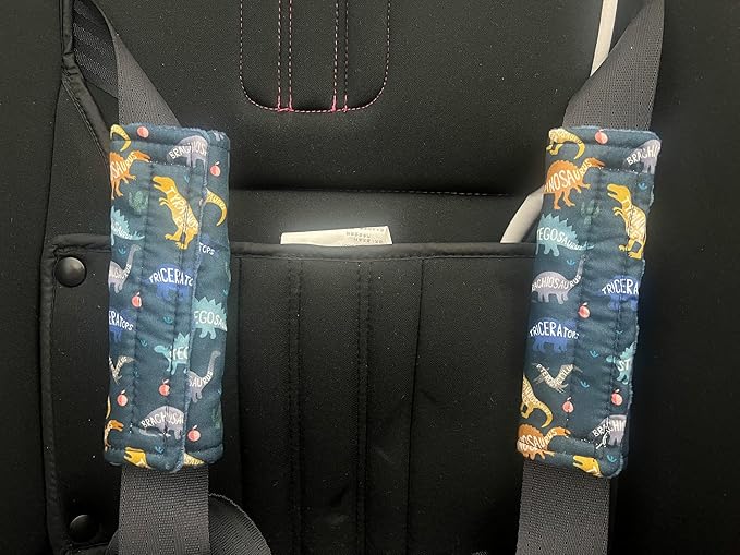 Baby Car Seat Neck Cover, Car Seat Strap Cover, Seat Belt Cushions Pads, Shoulder Strap Protectors, Reversible Pram Harness Covers in Minky Dinosaur, Baby Neck Pad Protector