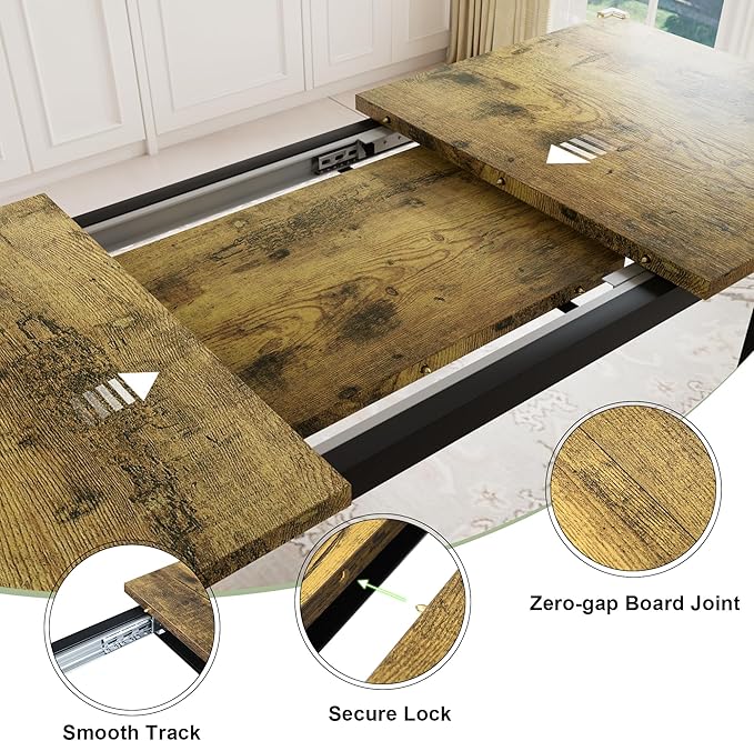 Feonase 7-Piece Dining Table Set with 6 Stools, 63 Inch Extendable Kitchen Table for 4-8, Kitchen Room Set with MDF Board & Metal Frame, Farmhouse Table, Space-Saving, Rustic Brown