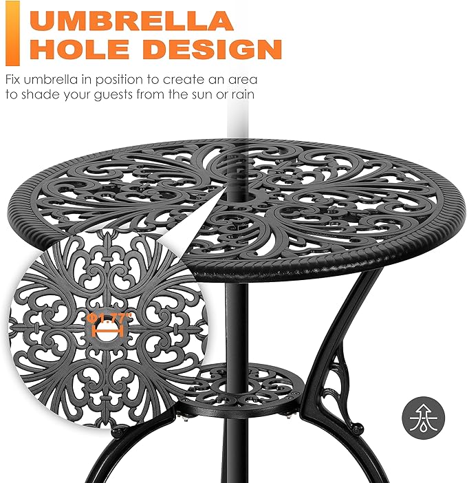 NUU GARDEN 3 Piece Bistro Set Outdoor, All Weather Cast Aluminum Patio Bistro Sets Patio Table and Chairs Set of 2 with Umbrella Hole for Yard, Balcony, Black, Butterfly Backrest
