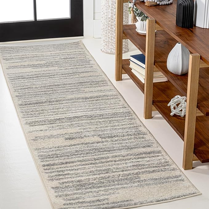 JONATHAN Y Khalil Modern Berber Stripe Cream/Gray Runner Rug, 2x8, Contemporary, Bohemian, Easy-Cleaning for Living Room, Bedroom, Kitchen, Pet Friendly, Non-Shedding (MOH207C-28)
