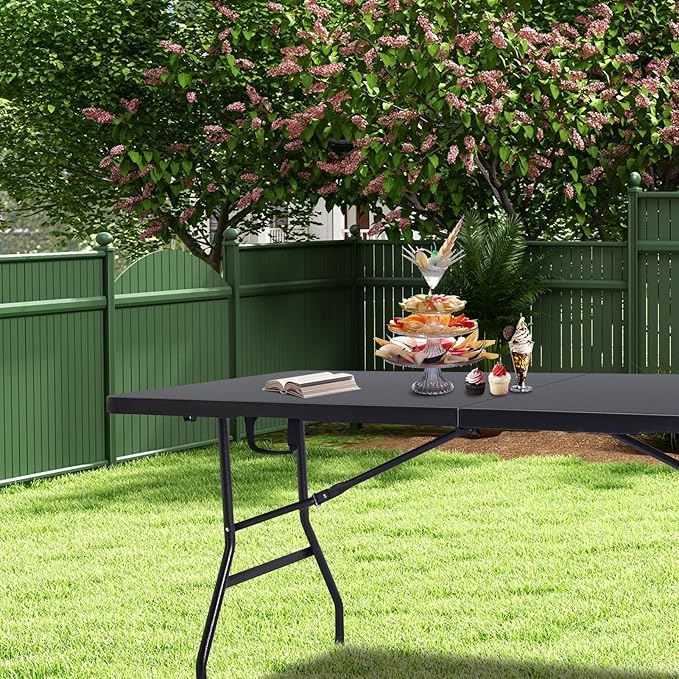 Folding Table 6ft Portable Heavy Duty Plastic Fold-in-Half 6 Foot Foldable Table Utility Dining Indoor Outdoor with Carrying Handle for Camping Picnic and Party, Black