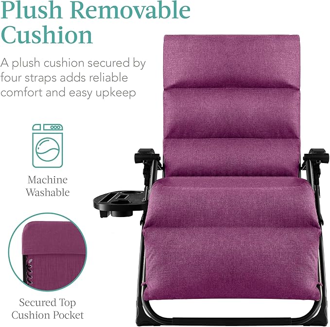 Best Choice Products Oversized Zero Gravity Chair, Folding Outdoor Patio Recliner, XL Anti Gravity Lounger w/Removable Cushion, Cup Holder, Side Tray, 350lb Capacity - Amethyst Purple