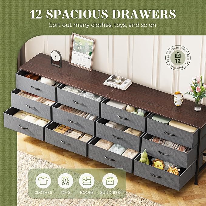 Huuger 70 Inch Dresser for Bedroom, TV Stand for 65, 75, 80 Inch TV, 12 Drawer Long Dresser, Large Storage Organizer Unit, Wide Chest of Drawer with Storage, Fabric Drawer for Living Room, Dark Grey