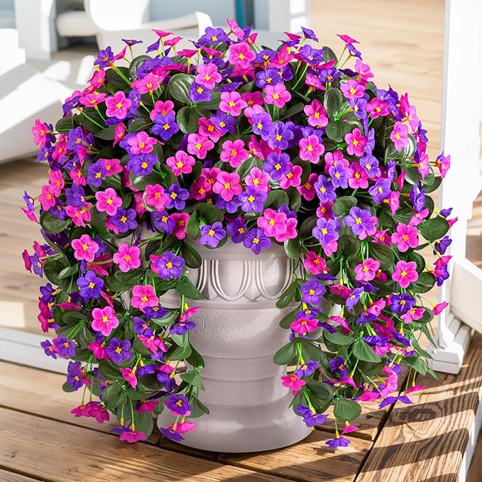 Artificial Fake Hanging Flowers Plants for Outdoor Outside Fall Decor, 2 PCS Faux Silk Daisy Mums Vines UV Resistant Realistic for Home Porch Patio Balcony Planter Decoration(Dark Purple and Fuchsia)