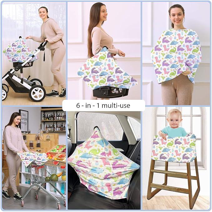Car Seat Covers Canopy Cover - Multi-use Cover Carseat Canopy, Breathable Breastfeeding Cover, Car Seat Covers for Bbies, Boys & Girls Shower Gifts (Colorful Dinosaur)