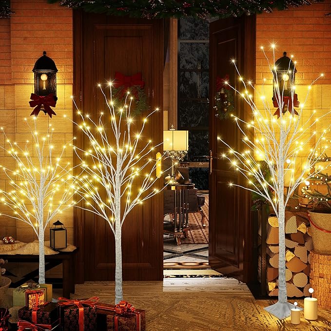 Lighted Birch Trees, 4FT 5FT 6FT(48 56 96LED) Pre-lit Birch Tree with Warm White, Artificial Birch Tree Outdoor/Indoor Christmas Easter Tree for Wedding Party Christmas Decoration -3PC