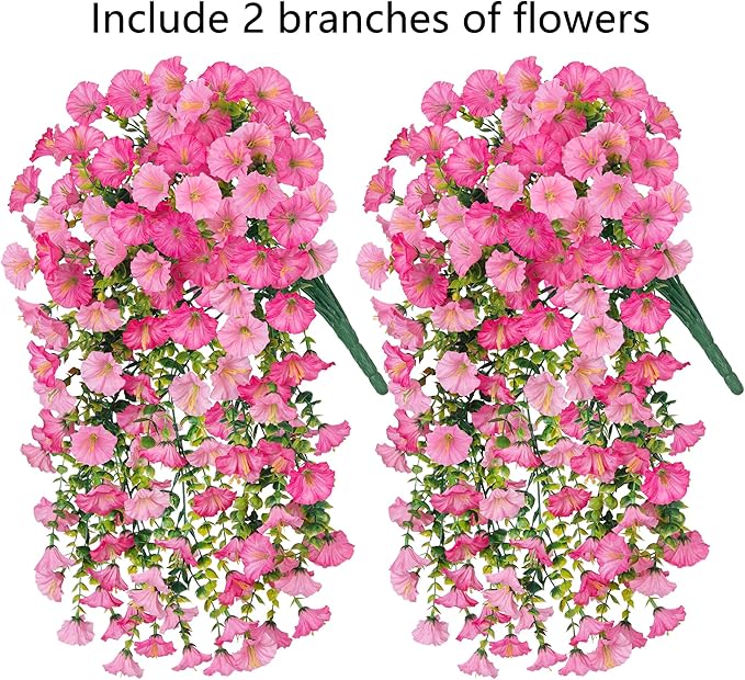 Ivydale 2 PCS Artificial Hanging Flowers Fake Plants Outdoor,Silk Morning Glory Faux Flowers with Eucalyptus Leaves,UV Resistant Realistic Hanging Plants for Home Garden Decor (Pink+Light Pink)