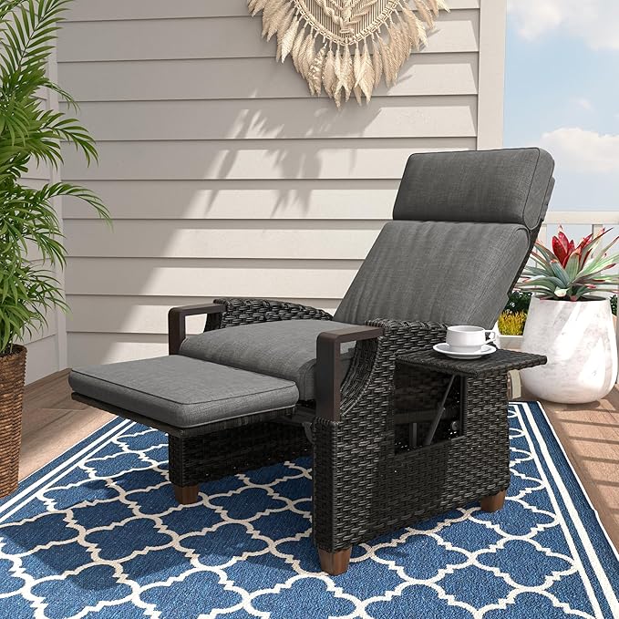 Grand patio Outdoor Recliner with Independent Adjustable Back and Footrest, Air Pump 150° Lay Flat Reclining Chair Removable Olefin Cushion Flip-Up Table Wicker Grey 1PC