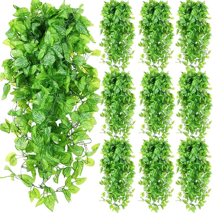 Hoteam 12 Pcs Artificial Hanging Plants 32 Inch Fake Ivy Vines with Fake Leaves Patio Artificial Plants Greenery for Living Room Indoor Outdoor Wall, No Basket (Marble Queen Pothos)