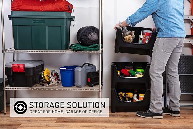 Mighty Tuff Jumbo Stackable Storage Bins, Pack of 3, Easy-Access Storage, Large Easy-To-Grip Handles, Wide Front Opening, Interlocking, Stack Vertically, Black