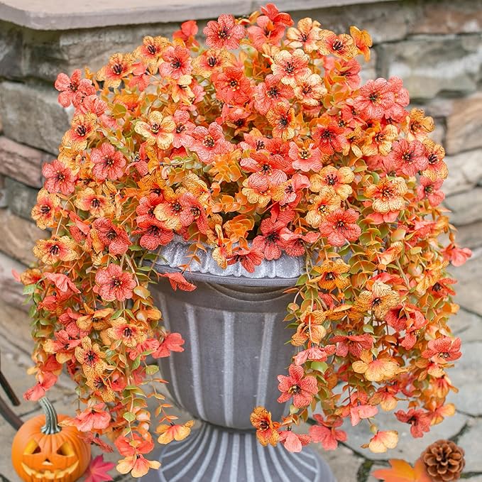 INSPRING Artificial Mums for Outdoors Decoration Fall Fake Flowers for Outside Decor, 2Pcs Silk Daisy with Eucalyptus UV Resistant Realistic Vines for Front Door Yard Patio Porch Planter Home