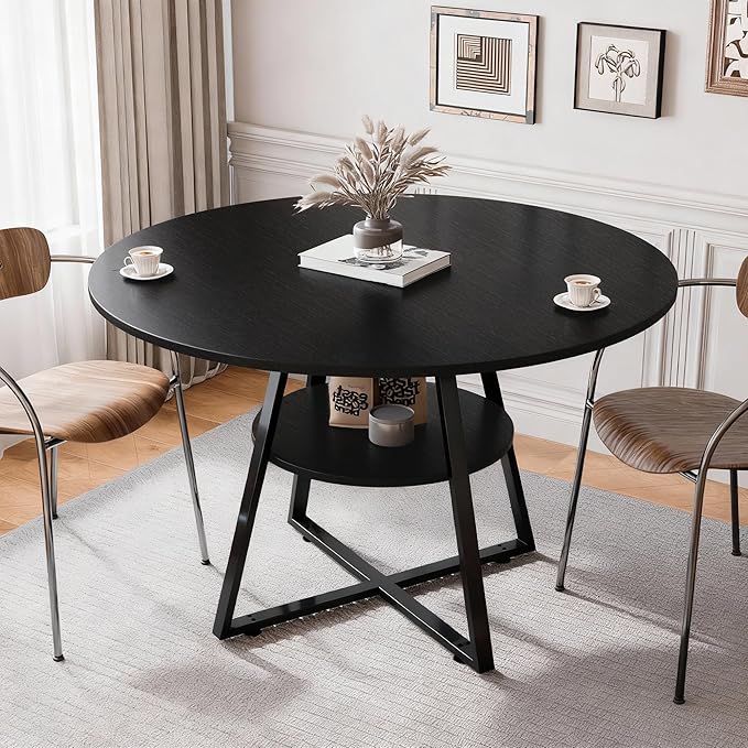 47" Round Dining Table for 4, Kitchen Dining Table with Storage, Wood Circle Dinner Table, Space Saving Dining Room Furniture for Kitchen, Living Room