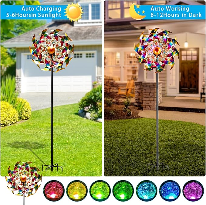 54'' Wind Spinners Outdoor Solar Garden Decor Light - Unique Gemstone Colorful Windmill, Durable Waterproof Design for Garden, Lawn, Patio