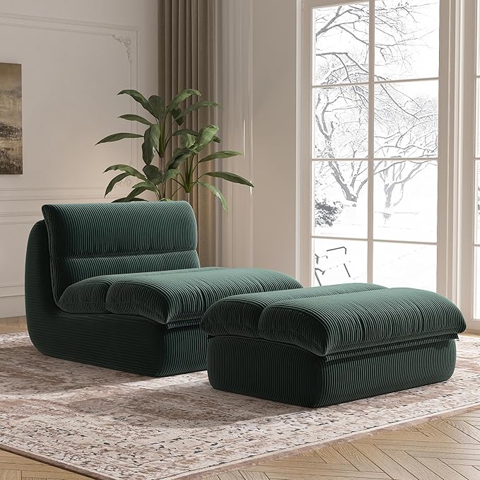 Bean Bag Chair with Ottoman, Cozy Comfy Reading Nook Chairs, Ultra Soft Corduroy Fabric Bean Bag Chairs for Adults, Reading Chair with Ottoman for Living Room, Bedroom Apartment (Green)