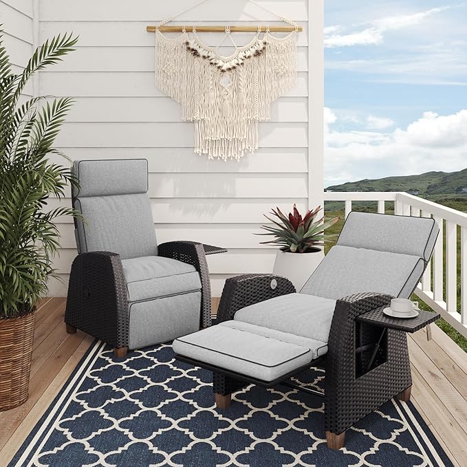 Grand patio Outdoor Reclining Chairs with Extended Footrest 2-Piece Adjustable Patio Wicker,Lounge Recliner up to 150° with Flip Side Table Griege