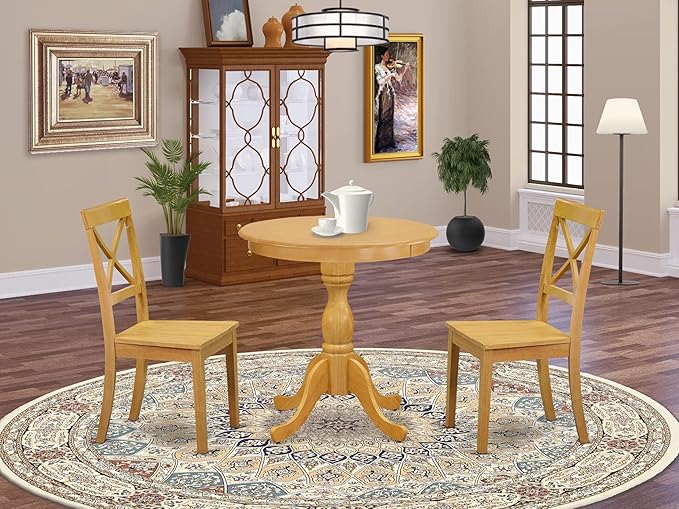 East West Furniture ESBO3-OAK-W 3 Piece Dining Set Contains a Round Dining Room Table with Pedestal and 2 Wood Seat Chairs, 30x30 Inch, Oak