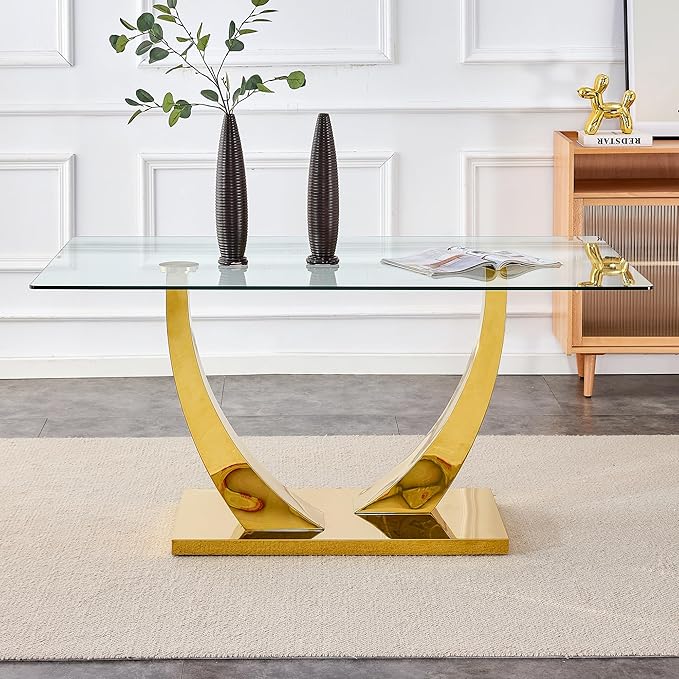 Modern Gold Dining Table for 6-8,Rectangular Glass Dinner Table with Tempered Glass Tabletop and Golden Plating Metal U-Shaped Pedestal for Kitchen Dining Room (Gold5)