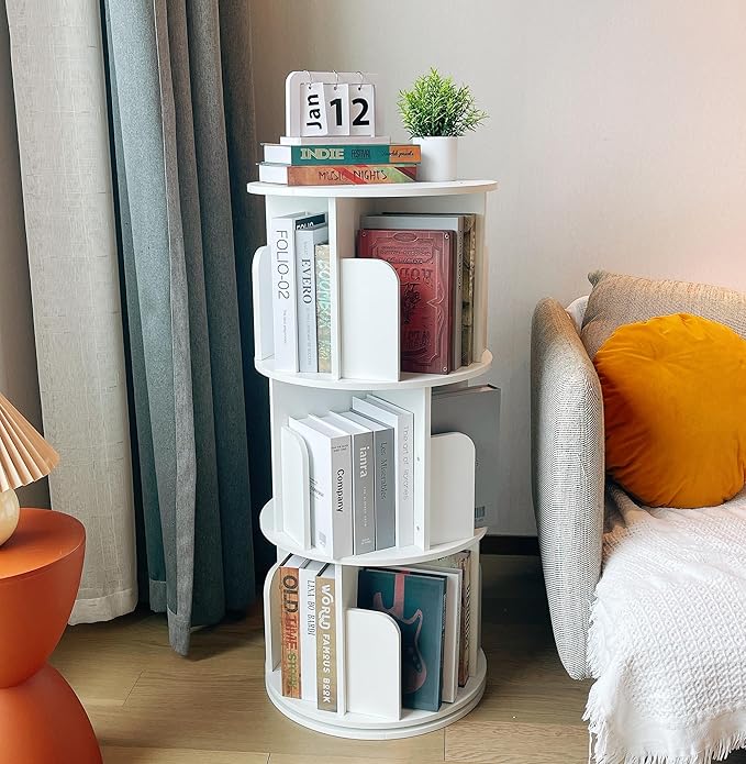 Heehee Wooden Rotating Bookshelf 360 Display Floor Standing Bookcase Storage Rack for Kids&Adults Multi-Functional Bookshelf Organizer (White (3-Tier))
