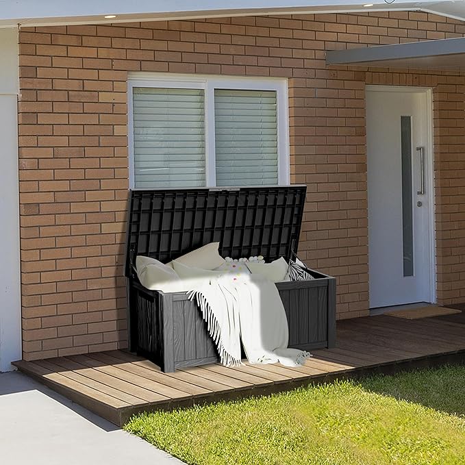 TARKARI 150 Gallon Lockable Resin Deck Box, Waterproof & UV-Resistant Outdoor Storage Box for Outdoor Cushion Storage, Garden Tools & Pool Accessories Storage, Black